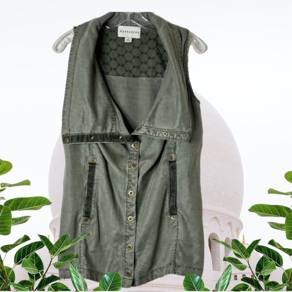 Anthropologie Marrakech Tombolo  Utility Vest Size L Army Green Pockets Snap Up - Picture 1 of 9